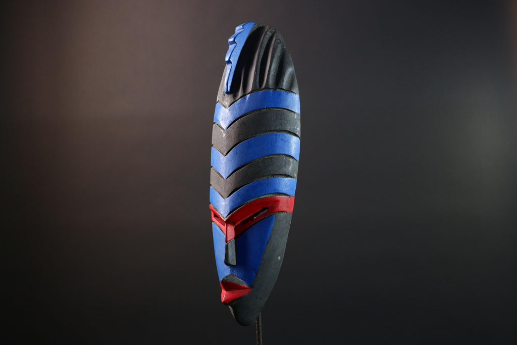 African Dan Tribal Wall Mask Hand Carved Blue Red Black Art Geometric Face Sculpture Boho Folk Decor Ethnic Home Accent-G5579