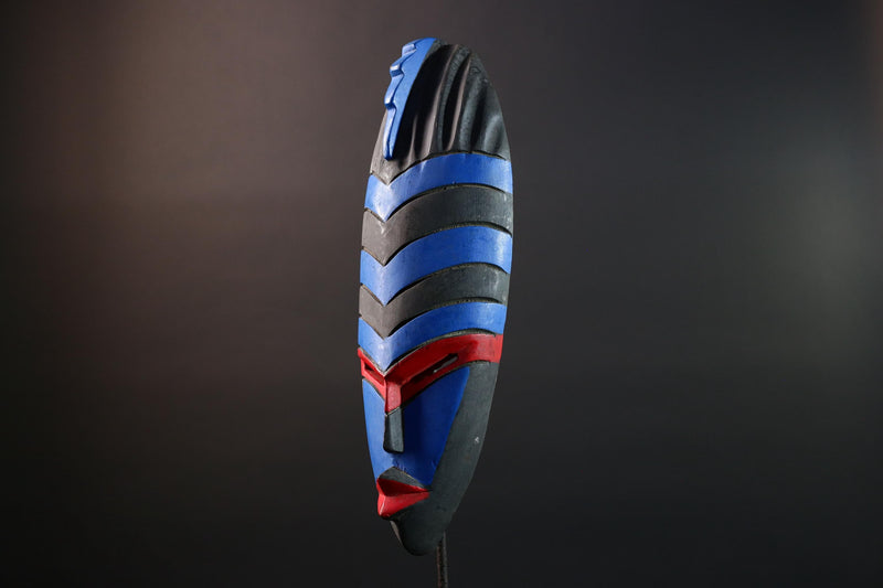 African Dan Tribal Wall Mask Hand Carved Blue Red Black Art Geometric Face Sculpture Boho Folk Decor Ethnic Home Accent-G5579