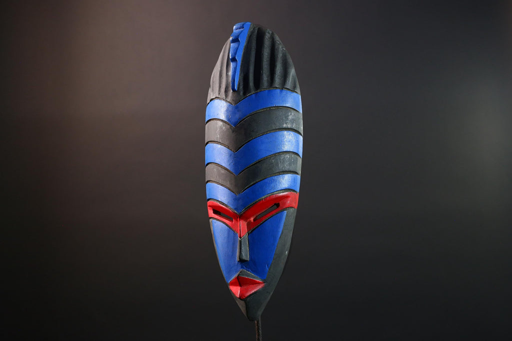 African Dan Tribal Wall Mask Hand Carved Blue Red Black Art Geometric Face Sculpture Boho Folk Decor Ethnic Home Accent-G5579