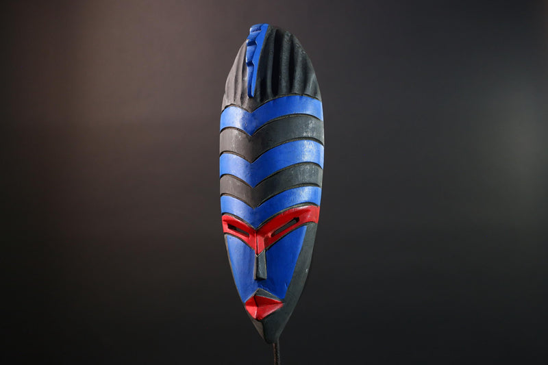 African Dan Tribal Wall Mask Hand Carved Blue Red Black Art Geometric Face Sculpture Boho Folk Decor Ethnic Home Accent-G5579