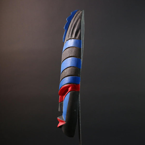 African Dan Tribal Wall Mask Hand Carved Blue Red Black Art Geometric Face Sculpture Boho Folk Decor Ethnic Home Accent-G5579