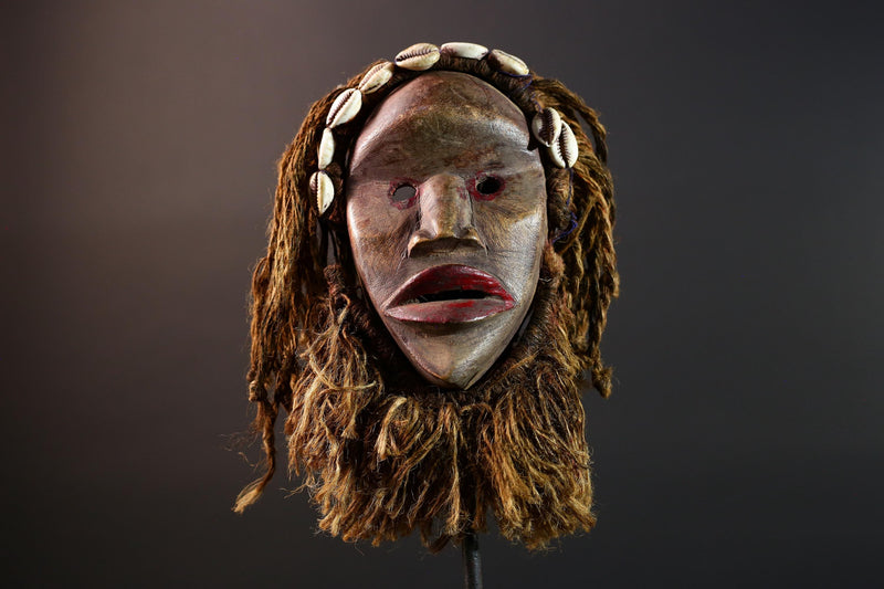 Dan African Tribal Mask With Cowrie Shells Hand Carved Wood Face With Fiber Beard Ethnic Wall Art Ceremonial Boho Home Decor G5580