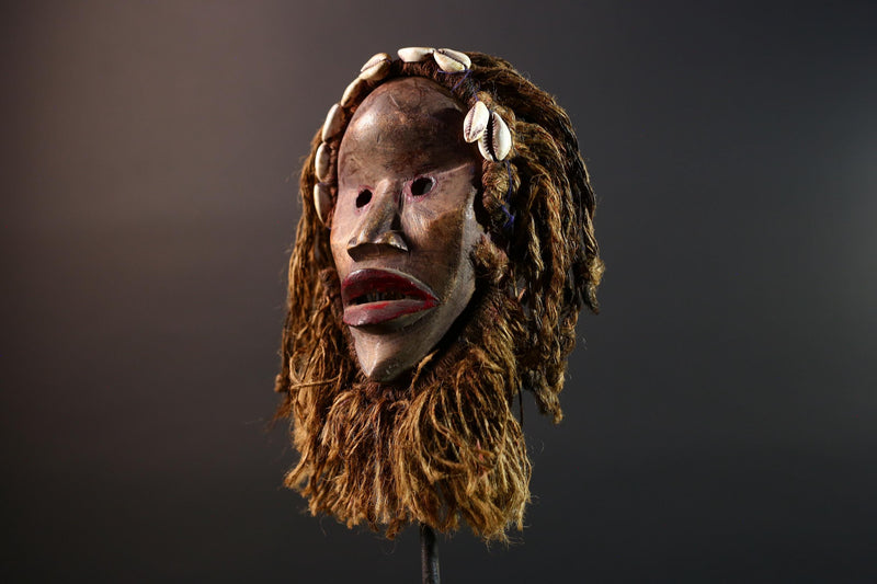 Dan African Tribal Mask With Cowrie Shells Hand Carved Wood Face With Fiber Beard Ethnic Wall Art Ceremonial Boho Home Decor G5580