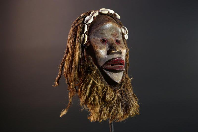 Dan African Tribal Mask With Cowrie Shells Hand Carved Wood Face With Fiber Beard Ethnic Wall Art Ceremonial Boho Home Decor G5580