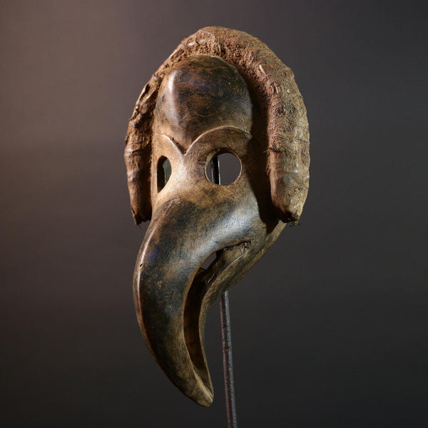 African Dan Bird Mask Hand Carved Tribal Beak Sculpture Vintage Wood Face Art Object Ceremonial Wall Decor Ethnic Home Accent G5581