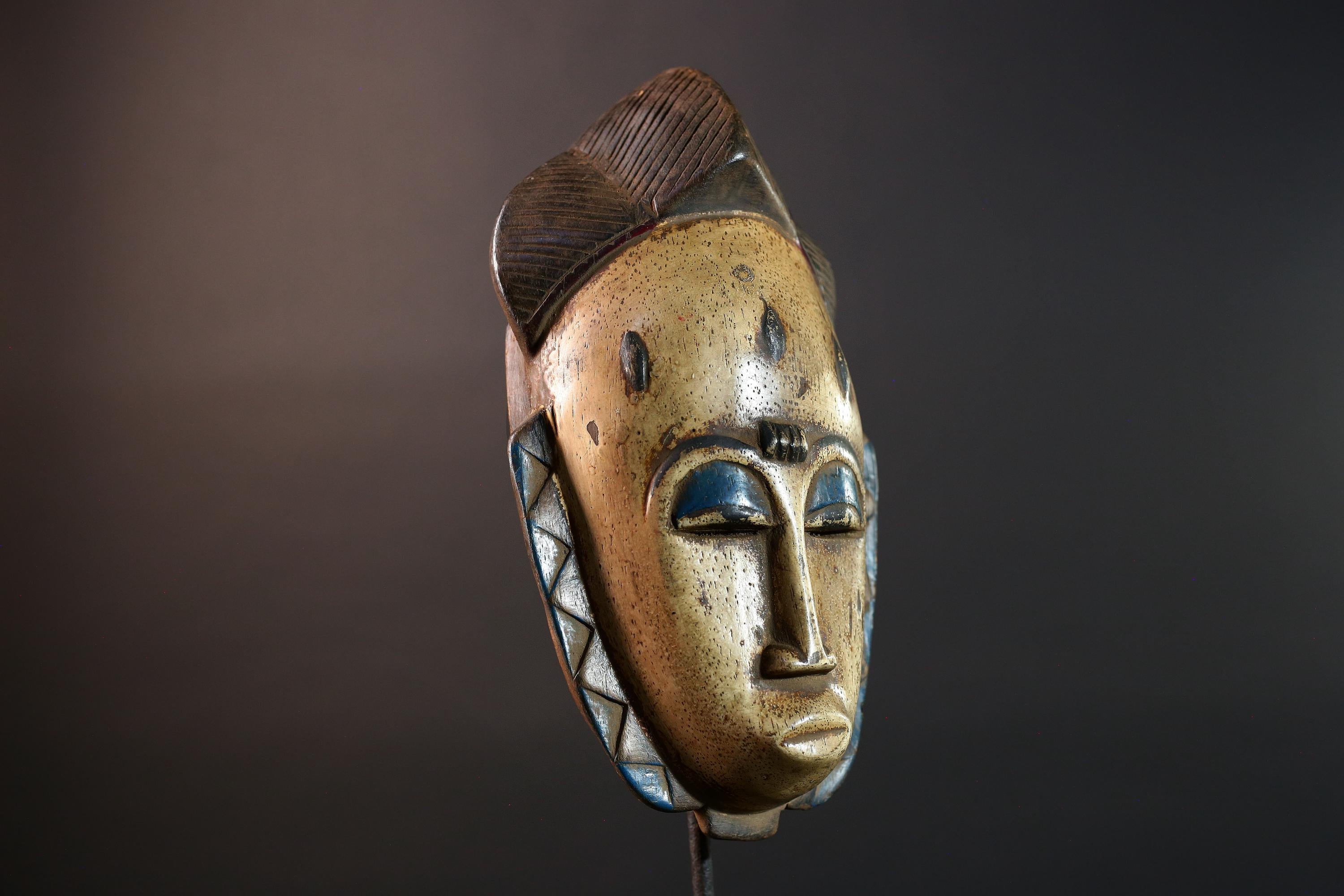 African Baule Mask Hand Carved Ivory Face Tribal Wood Sculpture Ceremonial Art Object Wall Decor Vintage Female Spirit Figure G5583