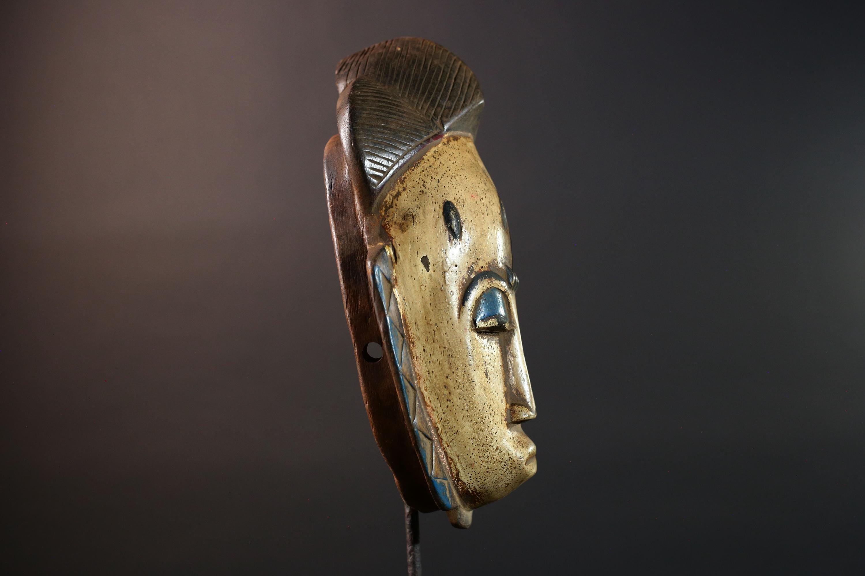 African Baule Mask Hand Carved Ivory Face Tribal Wood Sculpture Ceremonial Art Object Wall Decor Vintage Female Spirit Figure G5583
