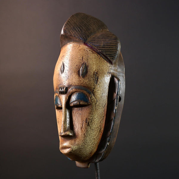 African Baule Mask Hand Carved Ivory Face Tribal Wood Sculpture Ceremonial Art Object Wall Decor Vintage Female Spirit Figure G5583