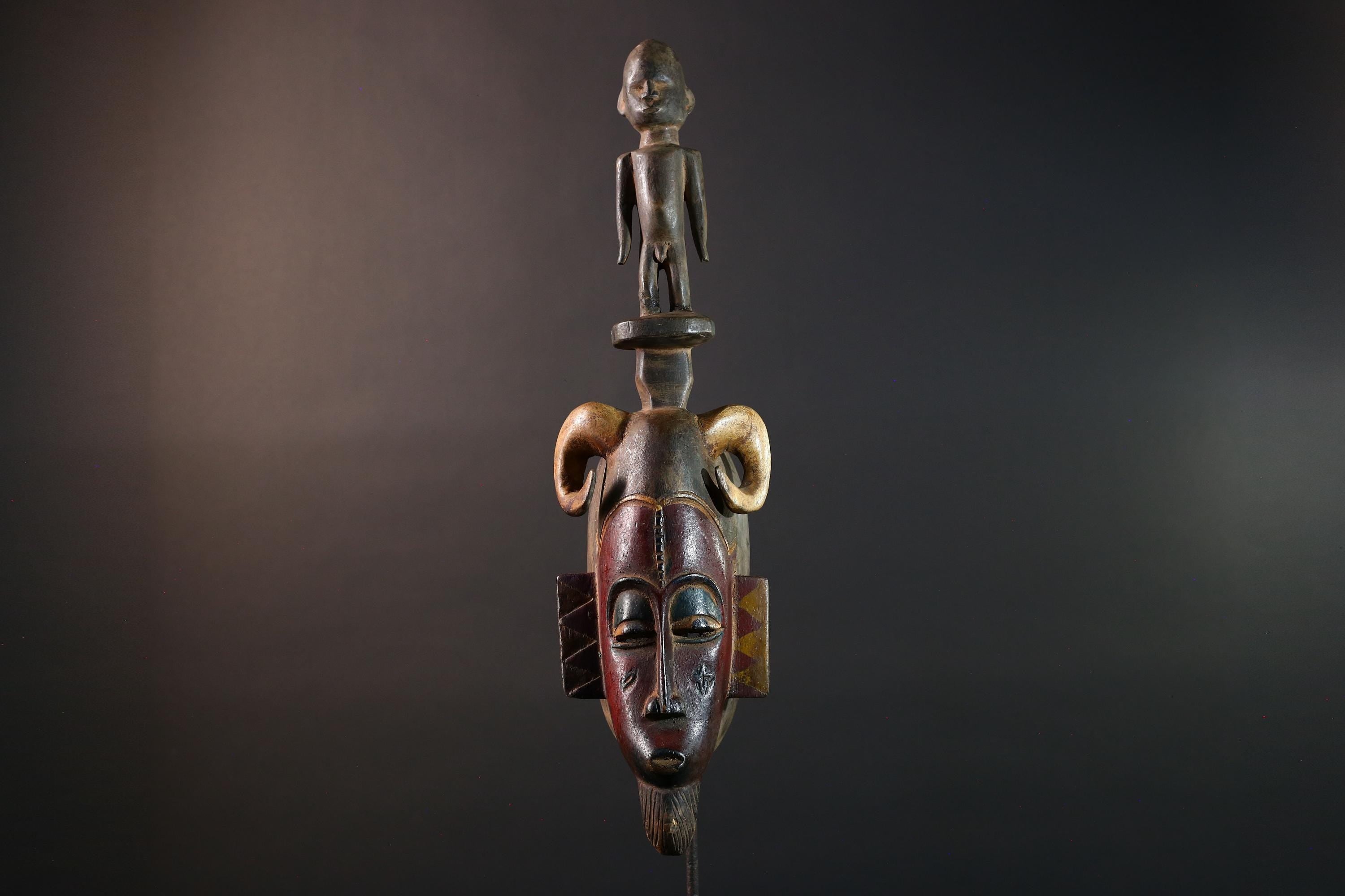 African Guro Ram Mask With Figure Hand Carved Wood Tribal Sculpture Vintage Art Object Wall Decor Ceremonial Spirit Crest Piece G5585