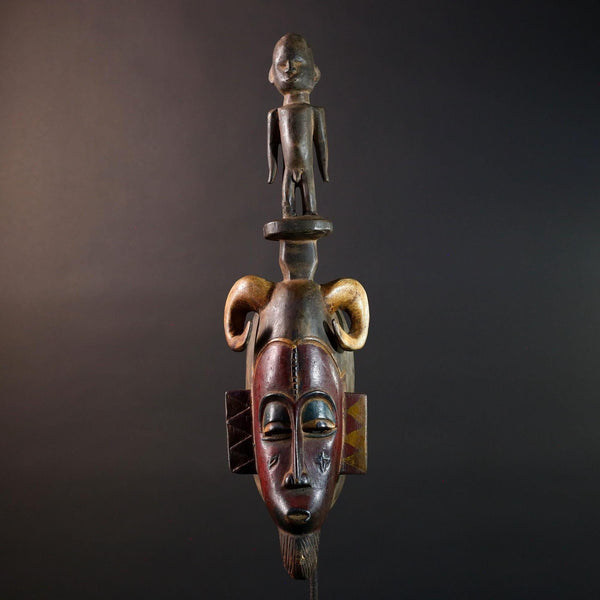 African Guro Ram Mask With Figure Hand Carved Wood Tribal Sculpture Vintage Art Object Wall Decor Ceremonial Spirit Crest Piece G5585