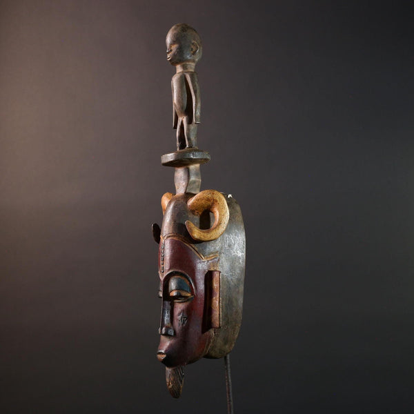 African Guro Ram Mask With Figure Hand Carved Wood Tribal Sculpture Vintage Art Object Wall Decor Ceremonial Spirit Crest Piece G5585
