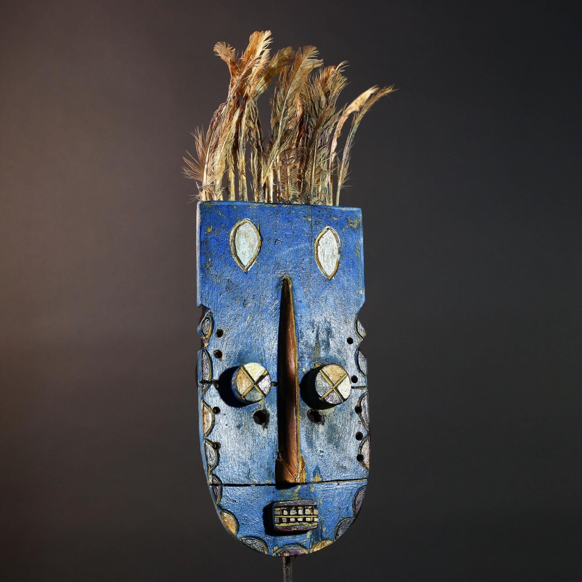 African Bwa Blue Mask With Feathers Hand Carved Wall Art Tribal Wood Sculpture Burkina Faso Totem Vintage Spirit Object Decor G5586