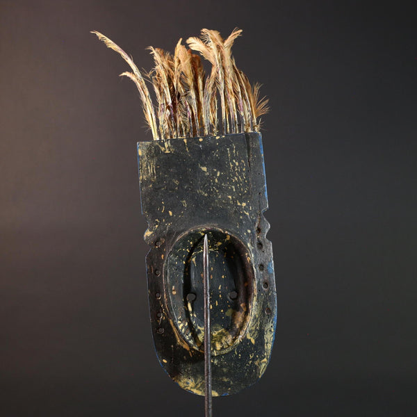 African Bwa Blue Mask With Feathers Hand Carved Wall Art Tribal Wood Sculpture Burkina Faso Totem Vintage Spirit Object Decor G5586