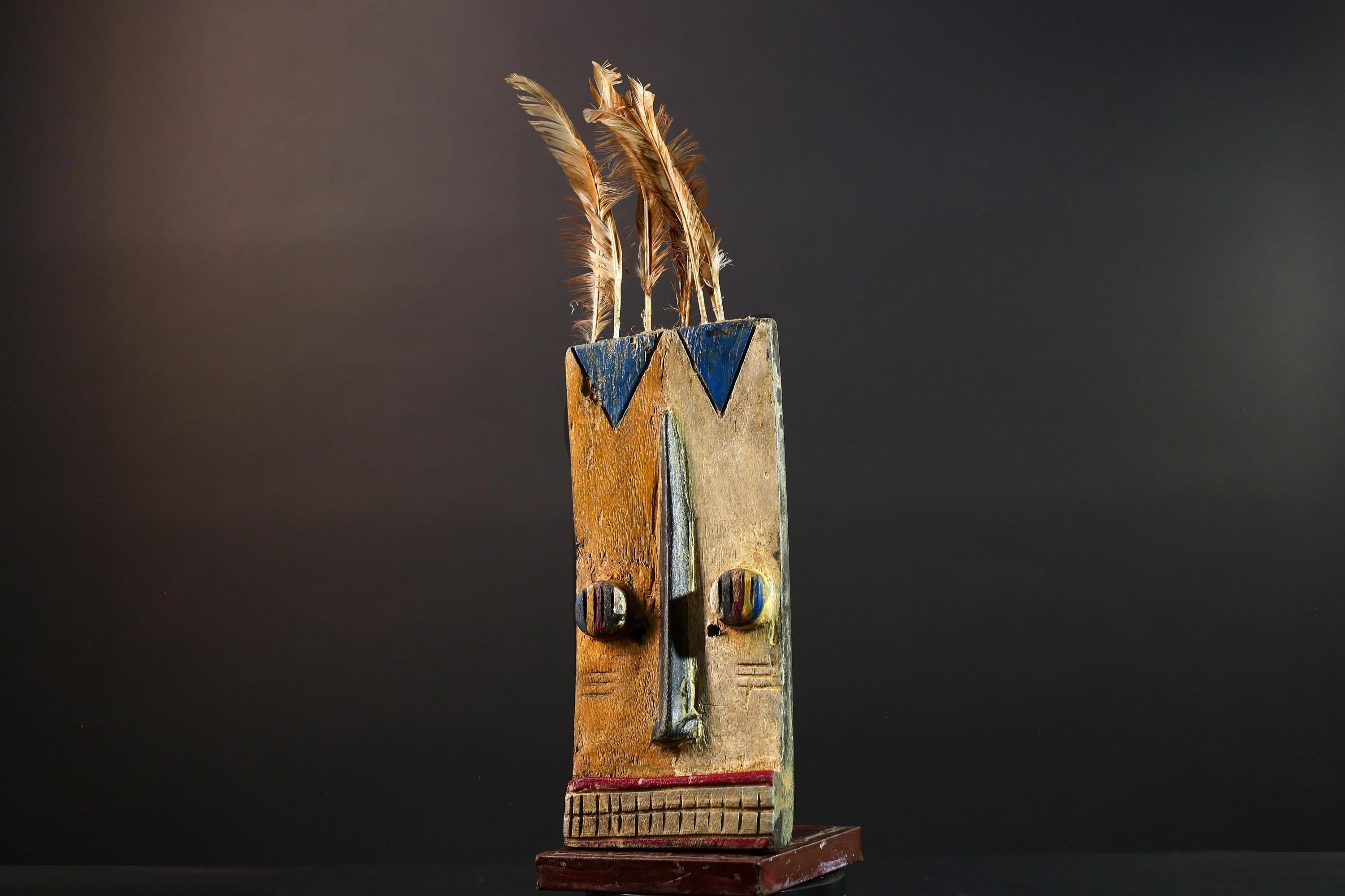 Tall African Bwa Mask With Feathers Long Nose Hand Carved Tribal Wall Art Wood Sculpture Rectangular Face Burkina Faso Totem G5587