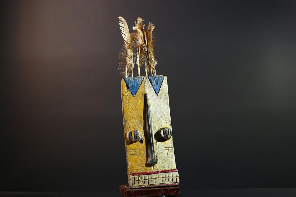 Tall African Bwa Mask With Feathers Long Nose Hand Carved Tribal Wall Art Wood Sculpture Rectangular Face Burkina Faso Totem G5587