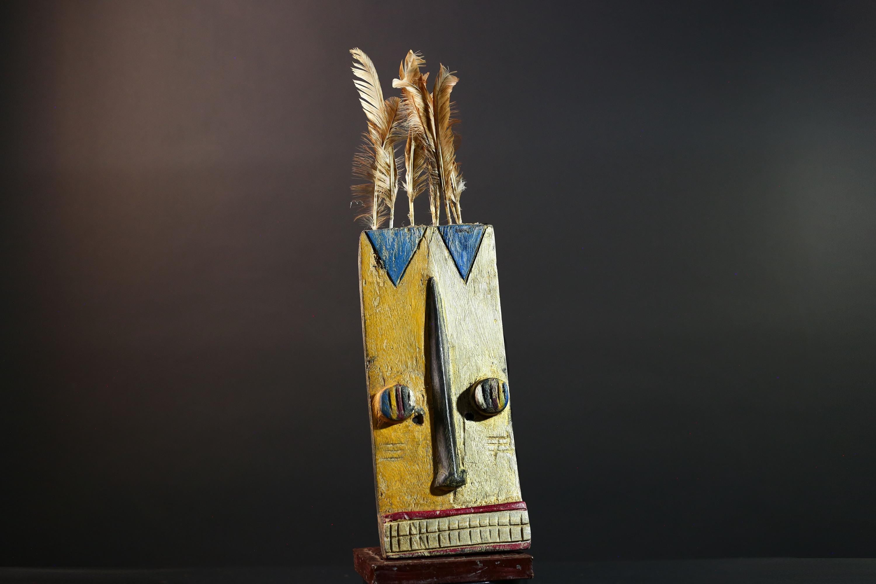 Tall African Bwa Mask With Feathers Long Nose Hand Carved Tribal Wall Art Wood Sculpture Rectangular Face Burkina Faso Totem G5587