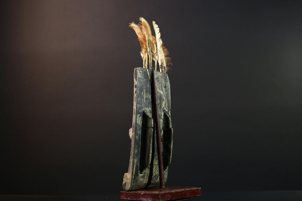 Tall African Bwa Mask With Feathers Long Nose Hand Carved Tribal Wall Art Wood Sculpture Rectangular Face Burkina Faso Totem G5587