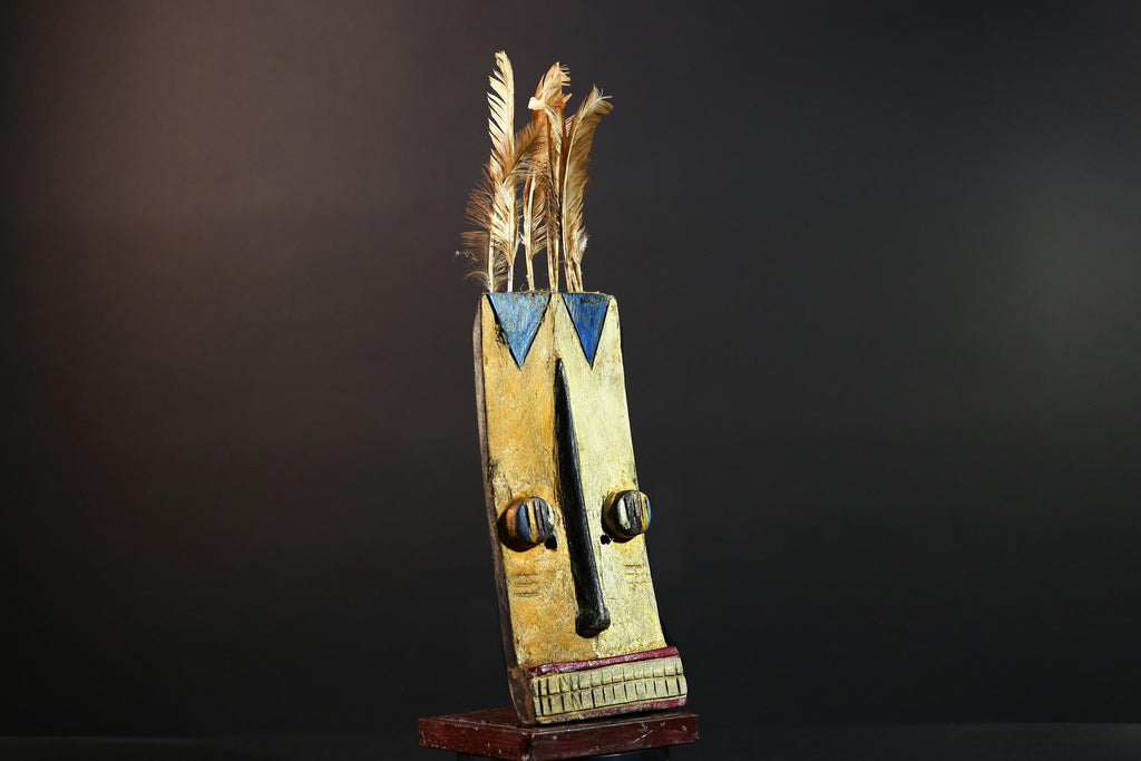 Tall African Bwa Mask With Feathers Long Nose Hand Carved Tribal Wall Art Wood Sculpture Rectangular Face Burkina Faso Totem G5587