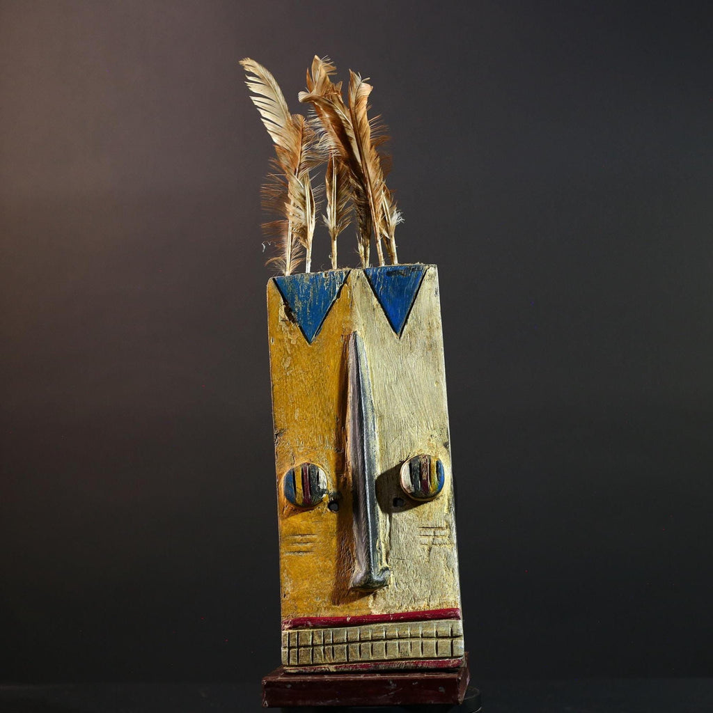 Tall African Bwa Mask With Feathers Long Nose Hand Carved Tribal Wall Art Wood Sculpture Rectangular Face Burkina Faso Totem G5587