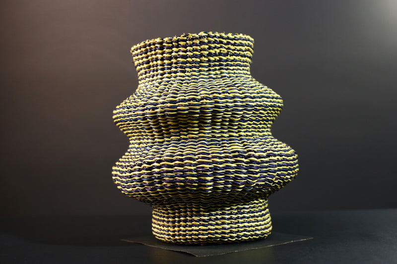 Woven Raffia Storage Basket Boho Home Décor Yellow & Navy Handcrafted Tribal Art Accent Piece Small Organizer Gift for Living Room G5707