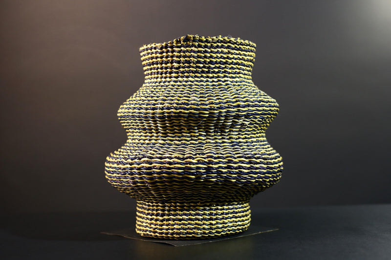 Woven Raffia Storage Basket Boho Home Décor Yellow & Navy Handcrafted Tribal Art Accent Piece Small Organizer Gift for Living Room G5707