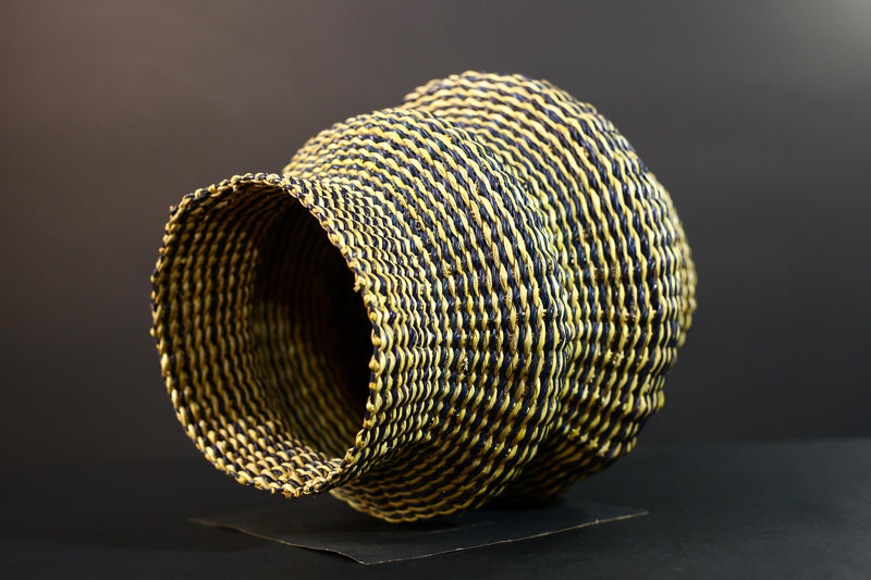 Woven Raffia Storage Basket Boho Home Décor Yellow & Navy Handcrafted Tribal Art Accent Piece Small Organizer Gift for Living Room G5707