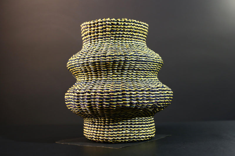 Woven Raffia Storage Basket Boho Home Décor Yellow & Navy Handcrafted Tribal Art Accent Piece Small Organizer Gift for Living Room G5707