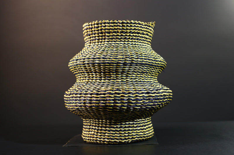 Woven Raffia Storage Basket Boho Home Décor Yellow & Navy Handcrafted Tribal Art Accent Piece Small Organizer Gift for Living Room G5707