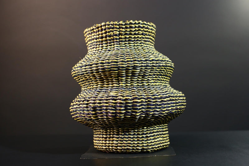 Woven Raffia Storage Basket Boho Home Décor Yellow & Navy Handcrafted Tribal Art Accent Piece Small Organizer Gift for Living Room G5707