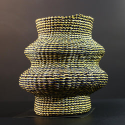 Woven Raffia Storage Basket Boho Home Décor Yellow & Navy Handcrafted Tribal Art Accent Piece Small Organizer Gift for Living Room G5707