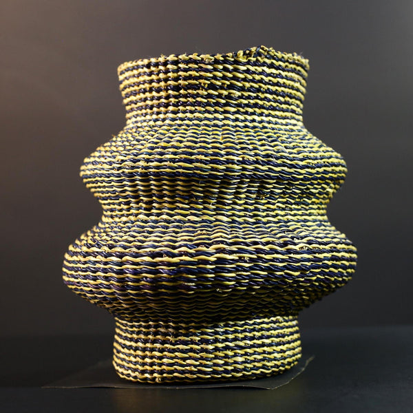 Woven Raffia Storage Basket Boho Home Décor Yellow & Navy Handcrafted Tribal Art Accent Piece Small Organizer Gift for Living Room G5707