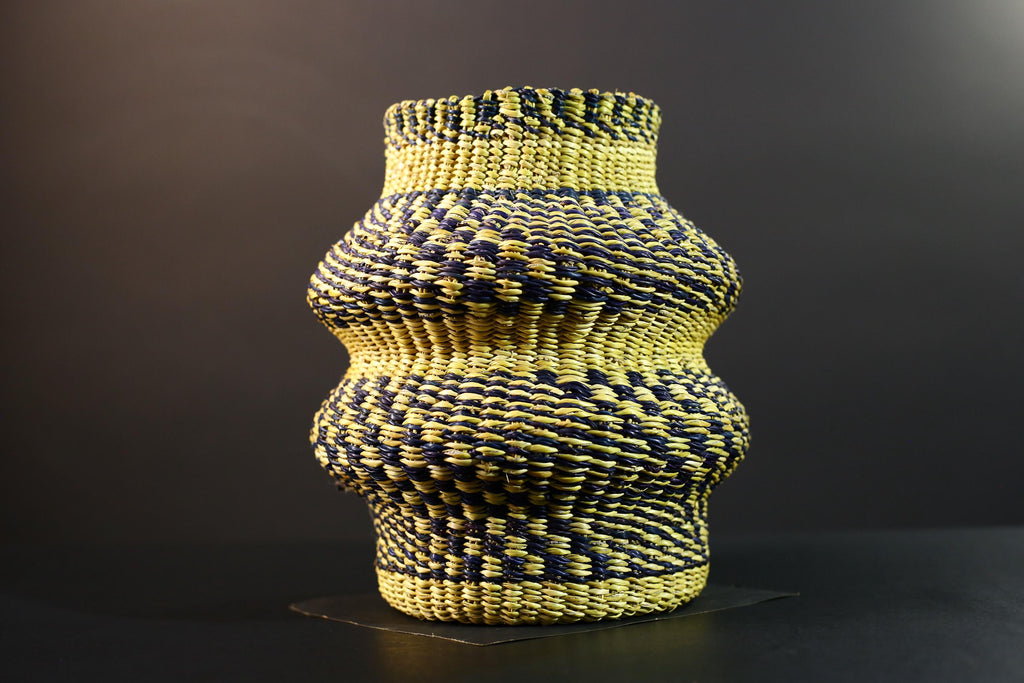 Woven Raffia Storage Basket Boho Home Décor Yellow & Navy Handcrafted Tribal Art Accent Organizer Gift for Living Room Shelf Decor G5708