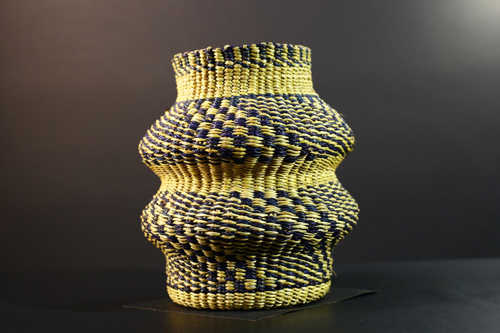 Woven Raffia Storage Basket Boho Home Décor Yellow & Navy Handcrafted Tribal Art Accent Organizer Gift for Living Room Shelf Decor G5708