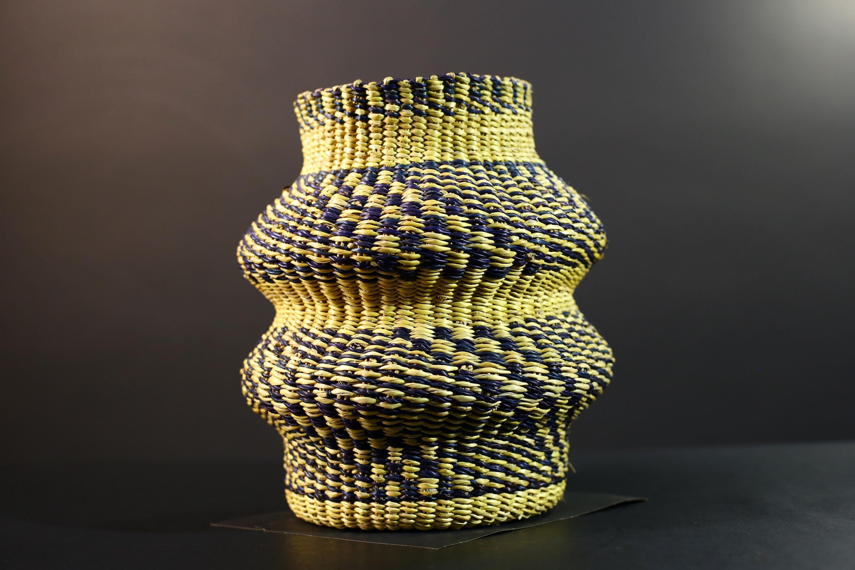Woven Raffia Storage Basket Boho Home Décor Yellow & Navy Handcrafted Tribal Art Accent Organizer Gift for Living Room Shelf Decor G5708