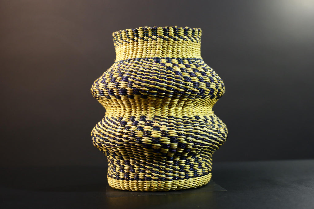 Woven Raffia Storage Basket Boho Home Décor Yellow & Navy Handcrafted Tribal Art Accent Organizer Gift for Living Room Shelf Decor G5708