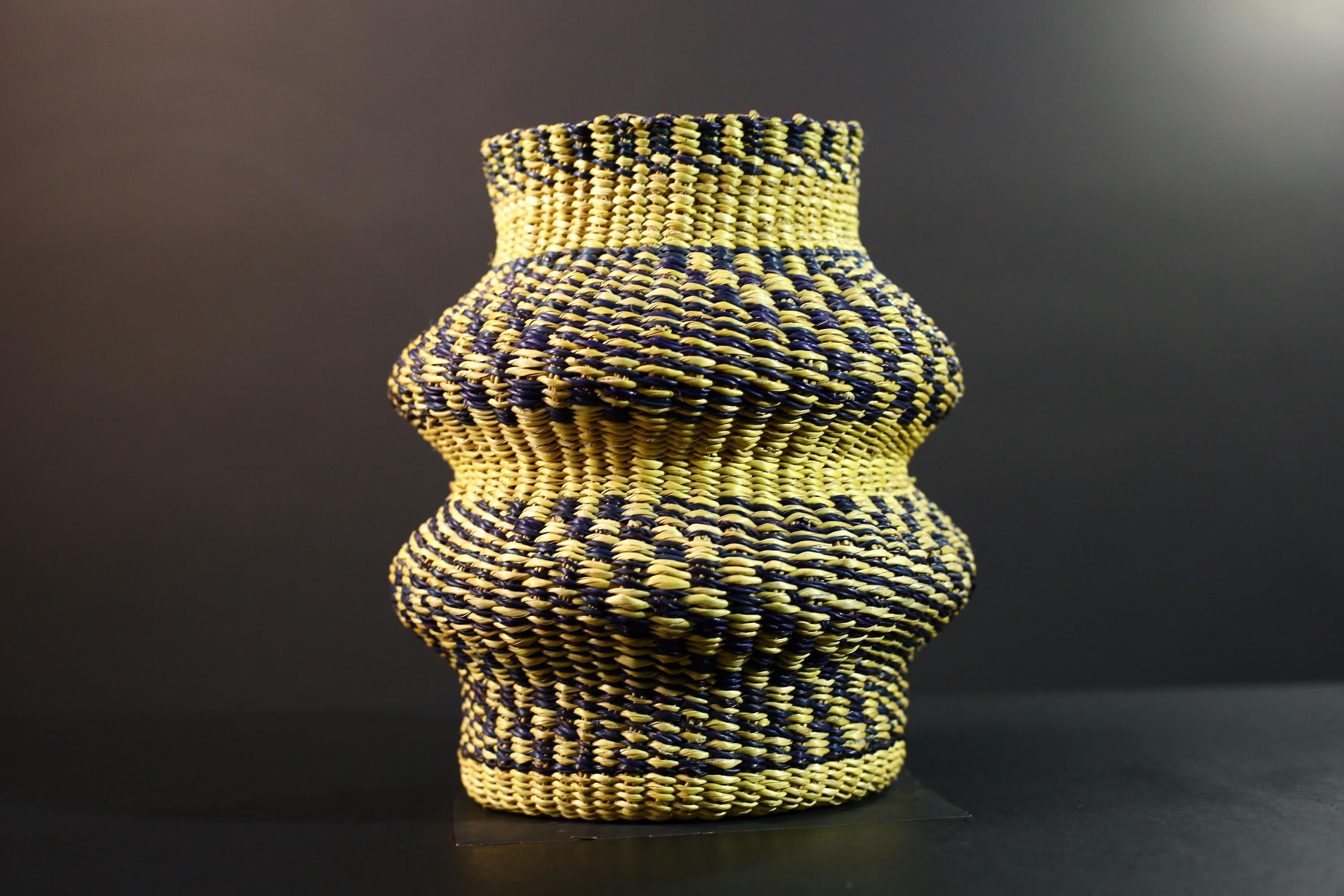 Woven Raffia Storage Basket Boho Home Décor Yellow & Navy Handcrafted Tribal Art Accent Organizer Gift for Living Room Shelf Decor G5708