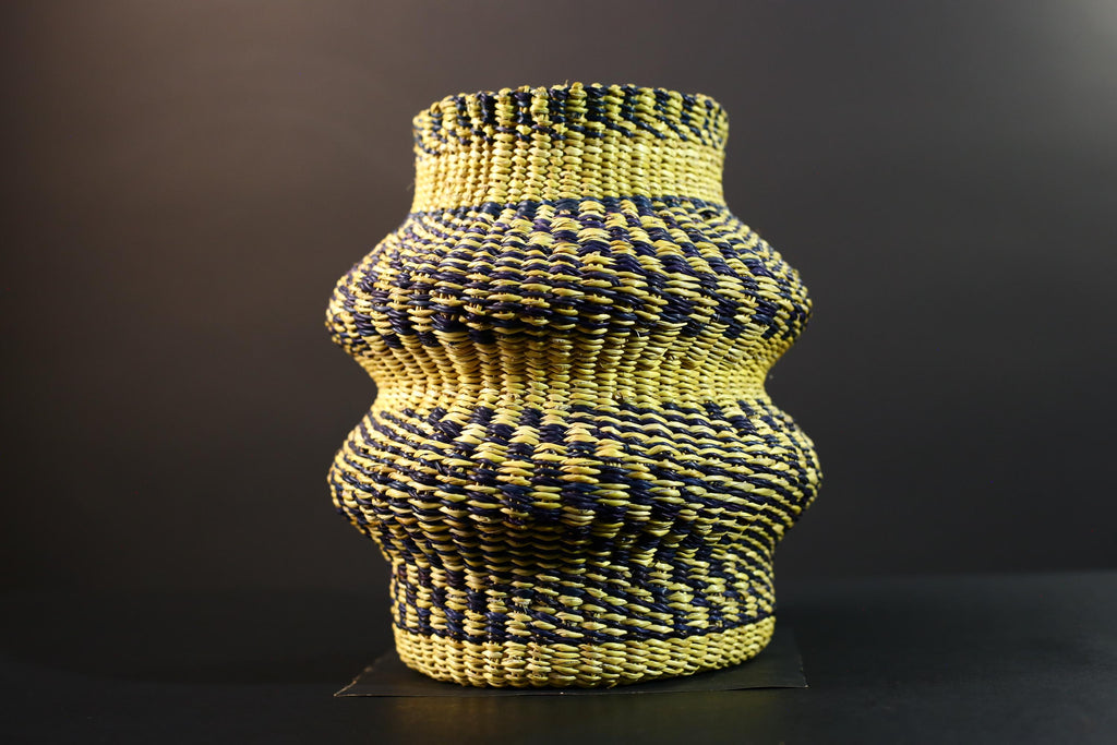 Woven Raffia Storage Basket Boho Home Décor Yellow & Navy Handcrafted Tribal Art Accent Organizer Gift for Living Room Shelf Decor G5708