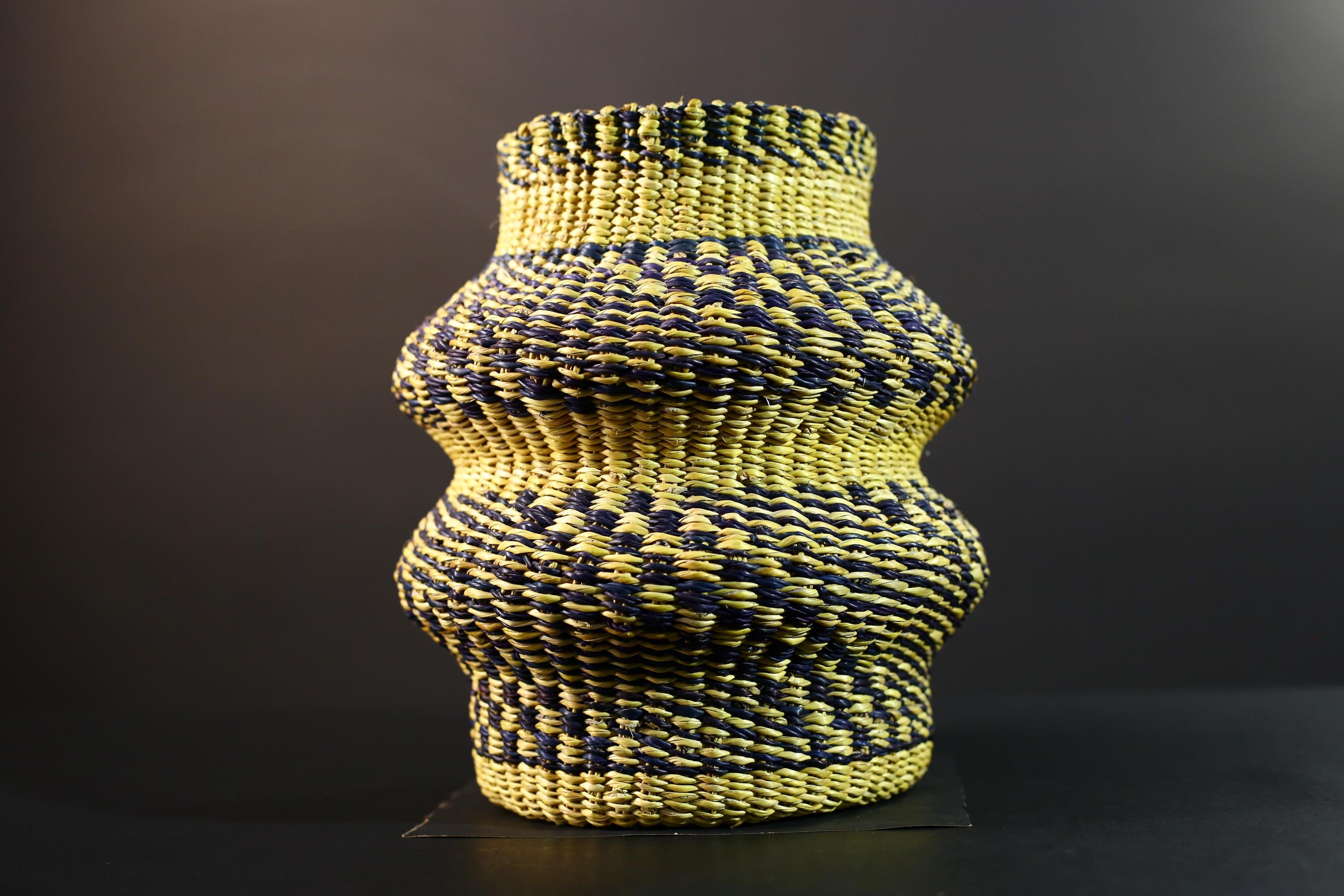 Woven Raffia Storage Basket Boho Home Décor Yellow & Navy Handcrafted Tribal Art Accent Organizer Gift for Living Room Shelf Decor G5708