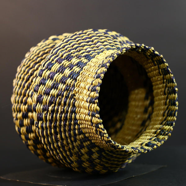 Woven Raffia Storage Basket Boho Home Décor Yellow & Navy Handcrafted Tribal Art Accent Organizer Gift for Living Room Shelf Decor G5708