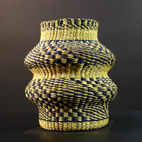 Woven Raffia Storage Basket Boho Home Décor Yellow & Navy Handcrafted Tribal Art Accent Organizer Gift for Living Room Shelf Decor G5708