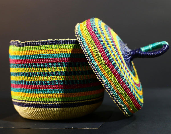 Handwoven Colorful Raffia Basket with Lid Boho Storage Decor Tribal Art Accent Organizer Gift for Living Room Shelf Tabletop Display G5710