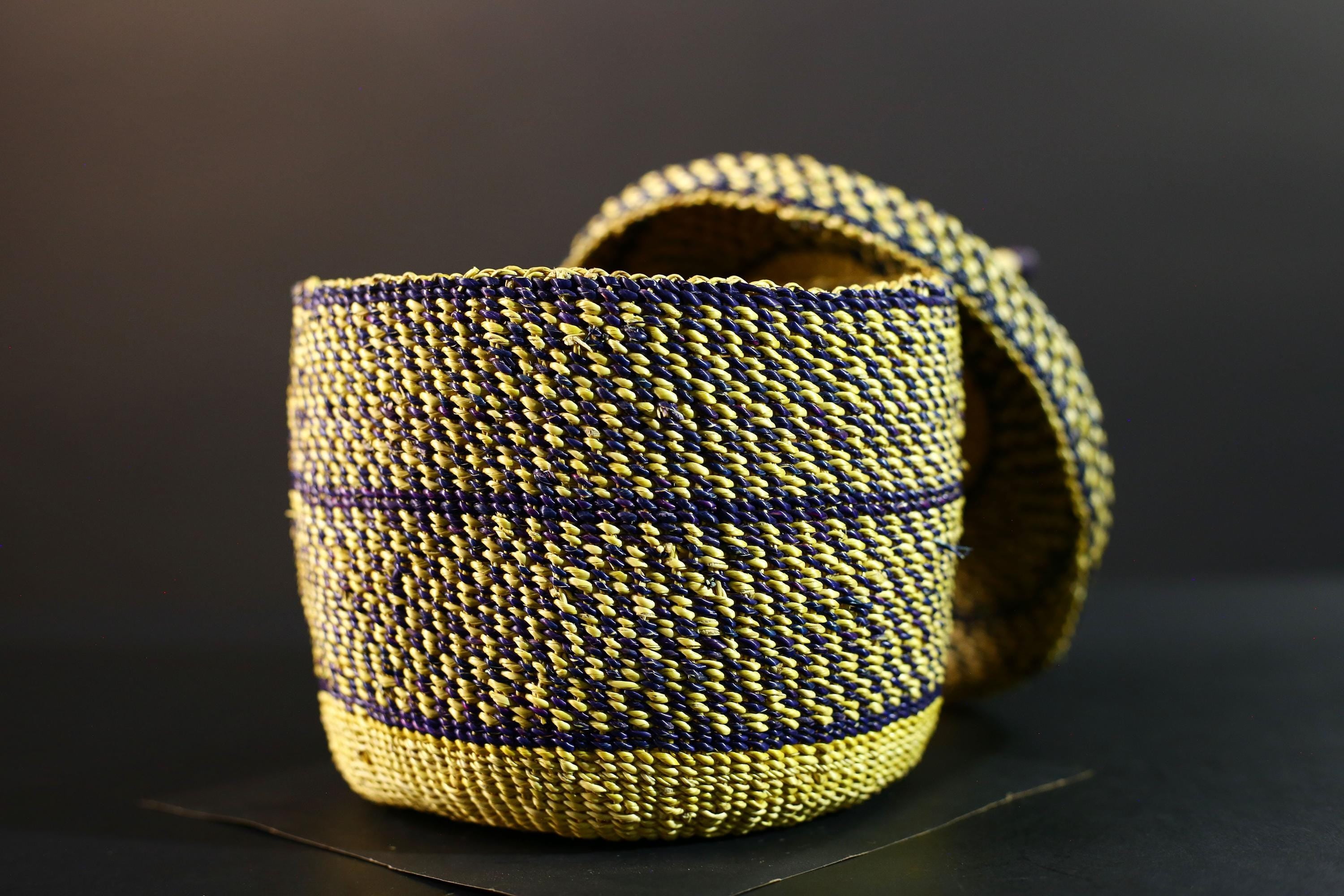 Handwoven Yellow & Navy Raffia Storage Basket with Lid Boho Tribal Art Home Décor Organizer Gift for Shelf Accent Tabletop Display G5711