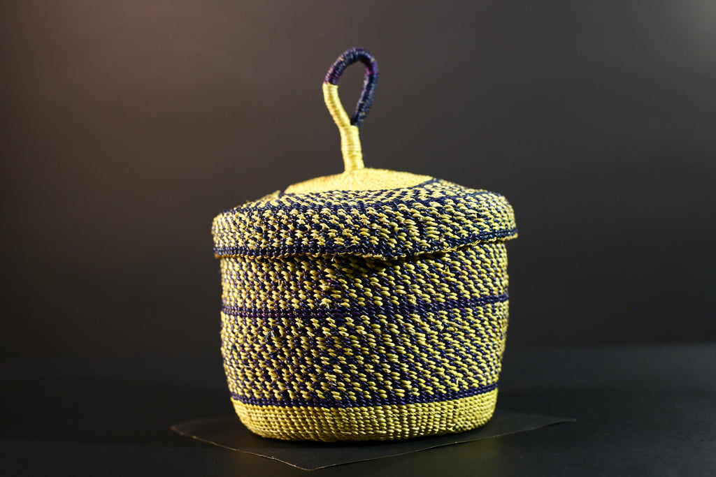 Handwoven Yellow & Navy Raffia Storage Basket with Lid Boho Tribal Art Home Décor Organizer Gift for Shelf Accent Tabletop Display G5711
