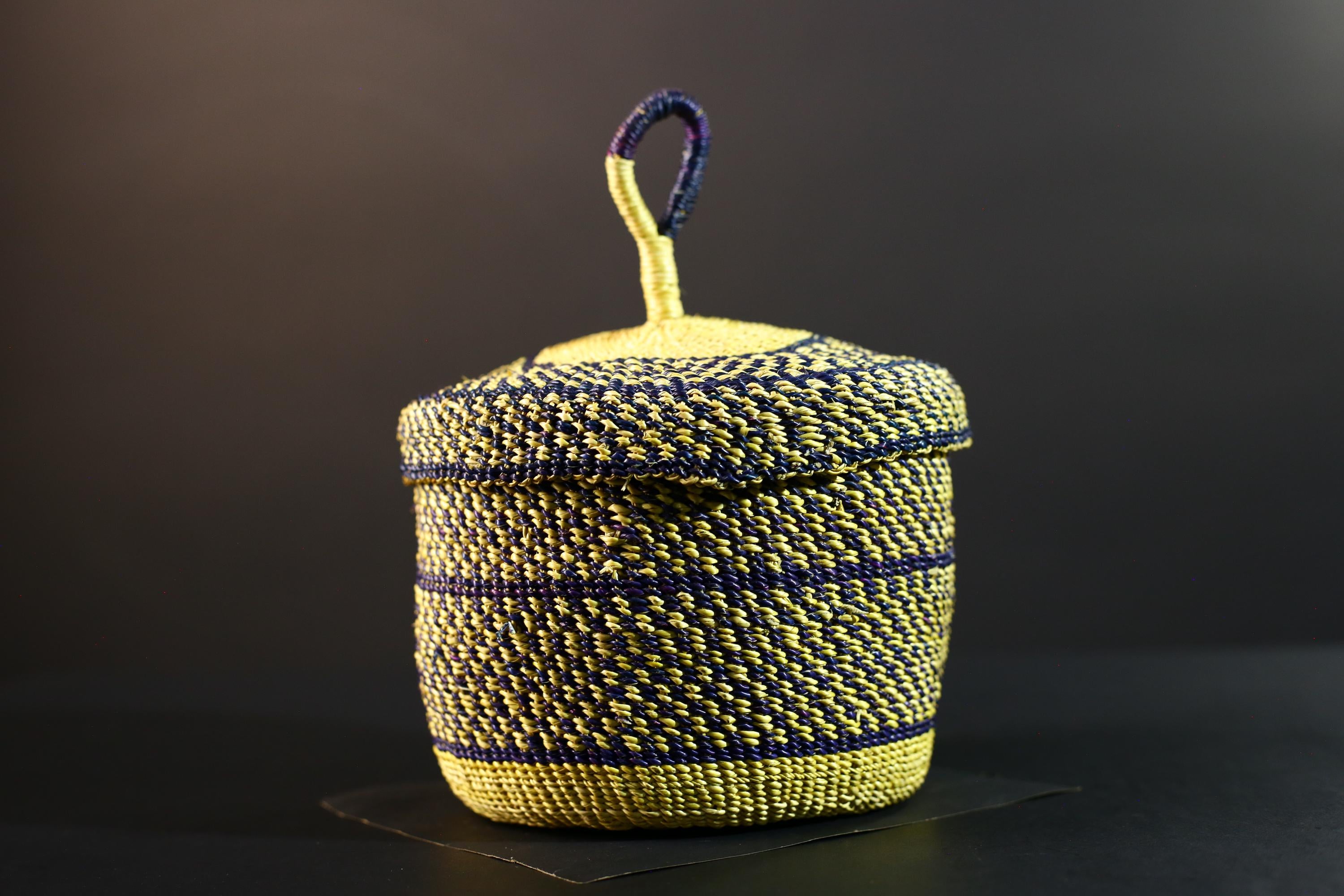 Handwoven Yellow & Navy Raffia Storage Basket with Lid Boho Tribal Art Home Décor Organizer Gift for Shelf Accent Tabletop Display G5711