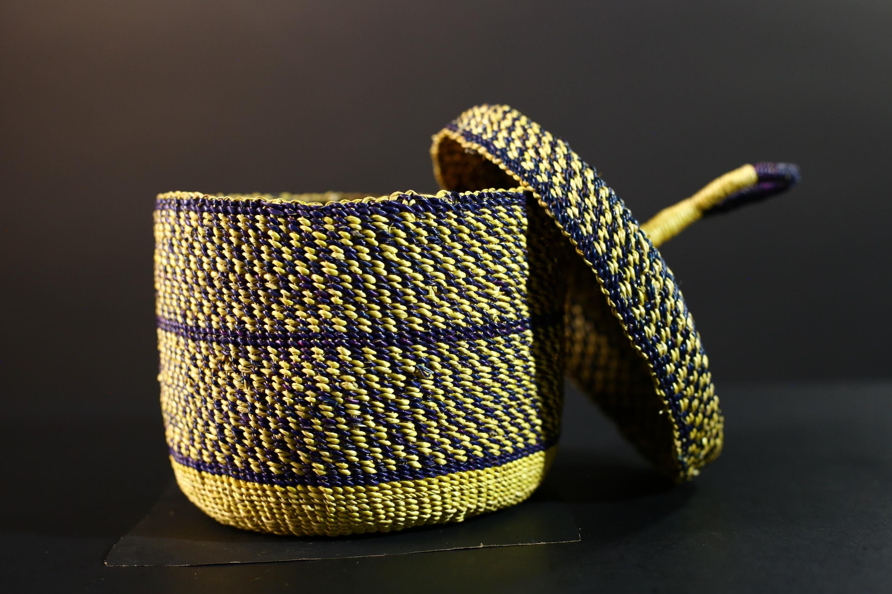 Handwoven Yellow & Navy Raffia Storage Basket with Lid Boho Tribal Art Home Décor Organizer Gift for Shelf Accent Tabletop Display G5711