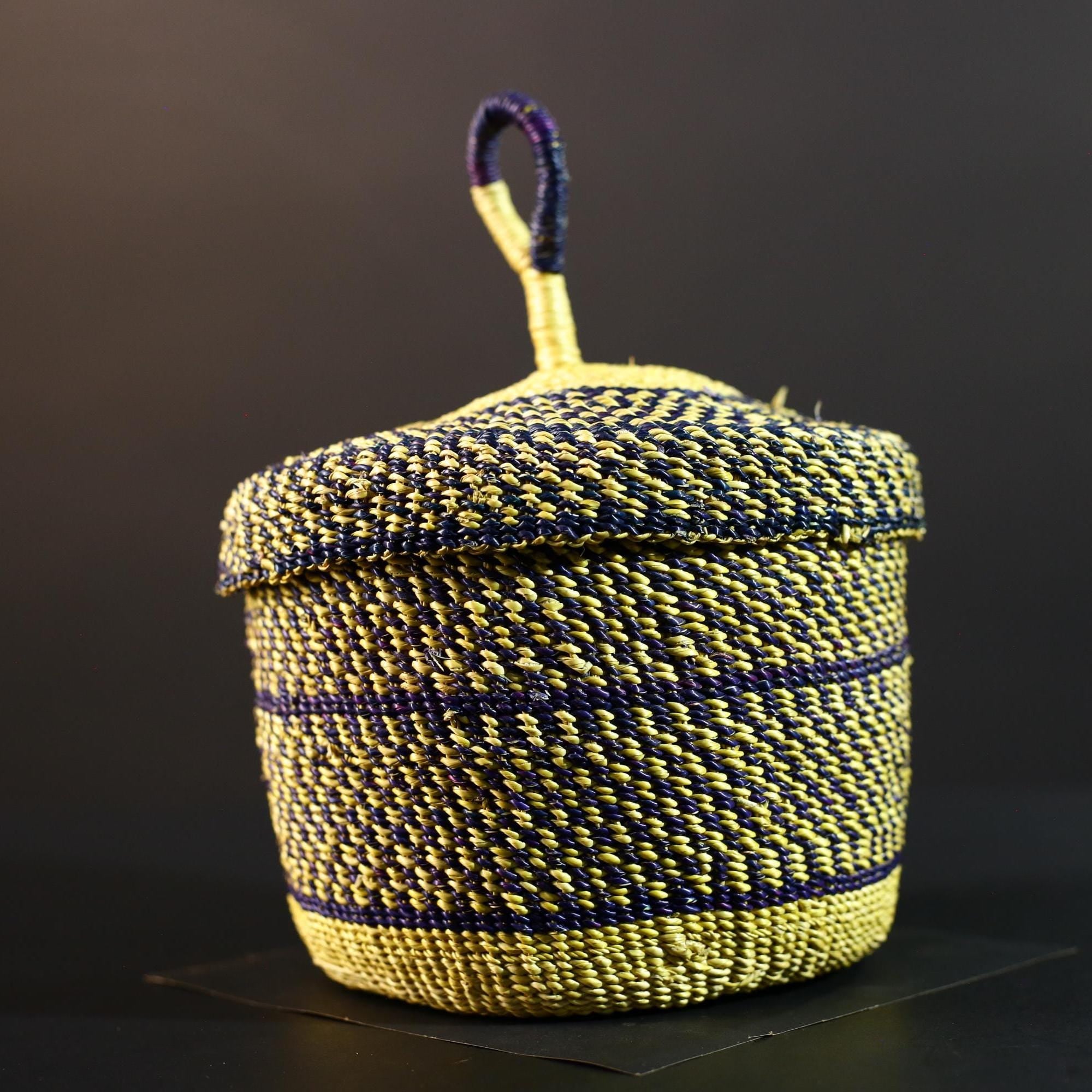 Handwoven Yellow & Navy Raffia Storage Basket with Lid Boho Tribal Art Home Décor Organizer Gift for Shelf Accent Tabletop Display G5711