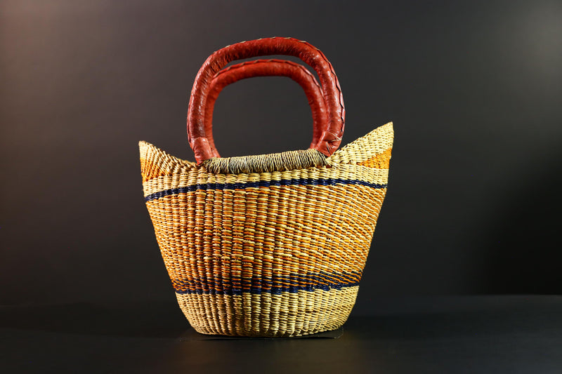 African Bolga Basket Handwoven Straw Market Tote with Leather Handles Ghana Decor Functional Artisan Tribal Storage Home Accent G5590
