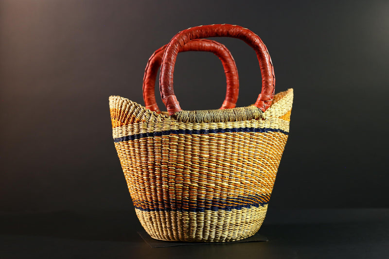 African Bolga Basket Handwoven Straw Market Tote with Leather Handles Ghana Decor Functional Artisan Tribal Storage Home Accent G5590