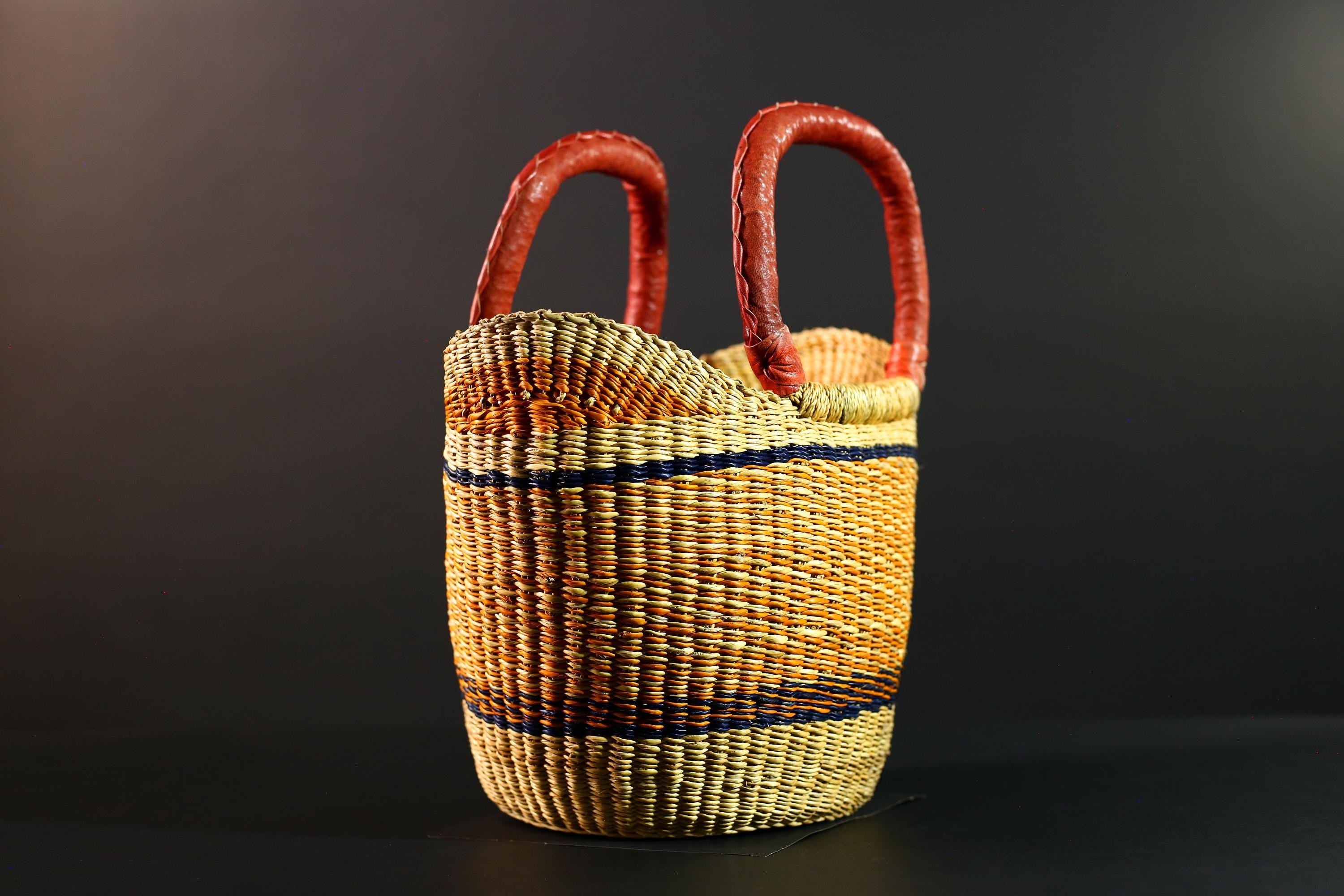 African Bolga Basket Handwoven Straw Market Tote with Leather Handles Ghana Decor Functional Artisan Tribal Storage Home Accent G5590