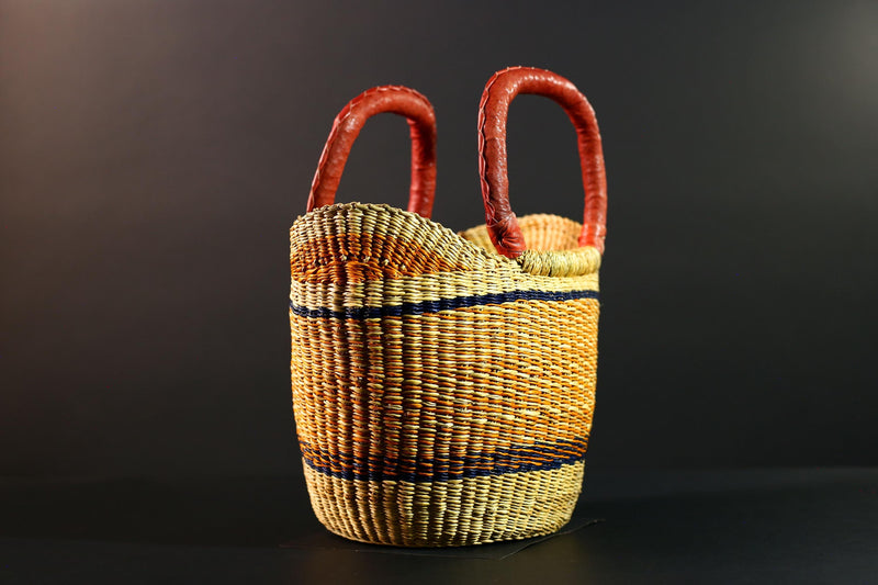 African Bolga Basket Handwoven Straw Market Tote with Leather Handles Ghana Decor Functional Artisan Tribal Storage Home Accent G5590